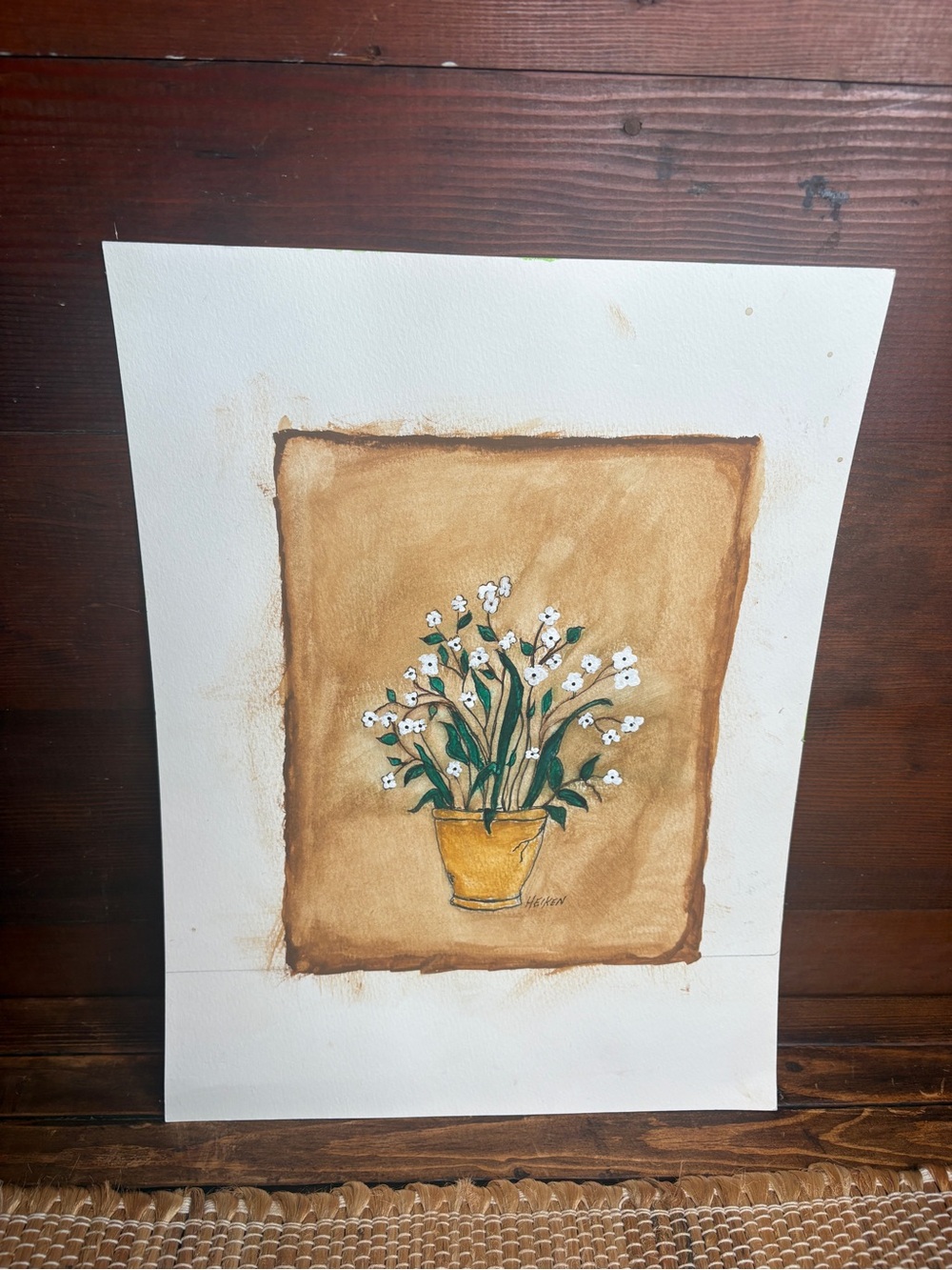 Watercolor Painting Bouquet of White Potted Floral Plant Artist Signed Heiken